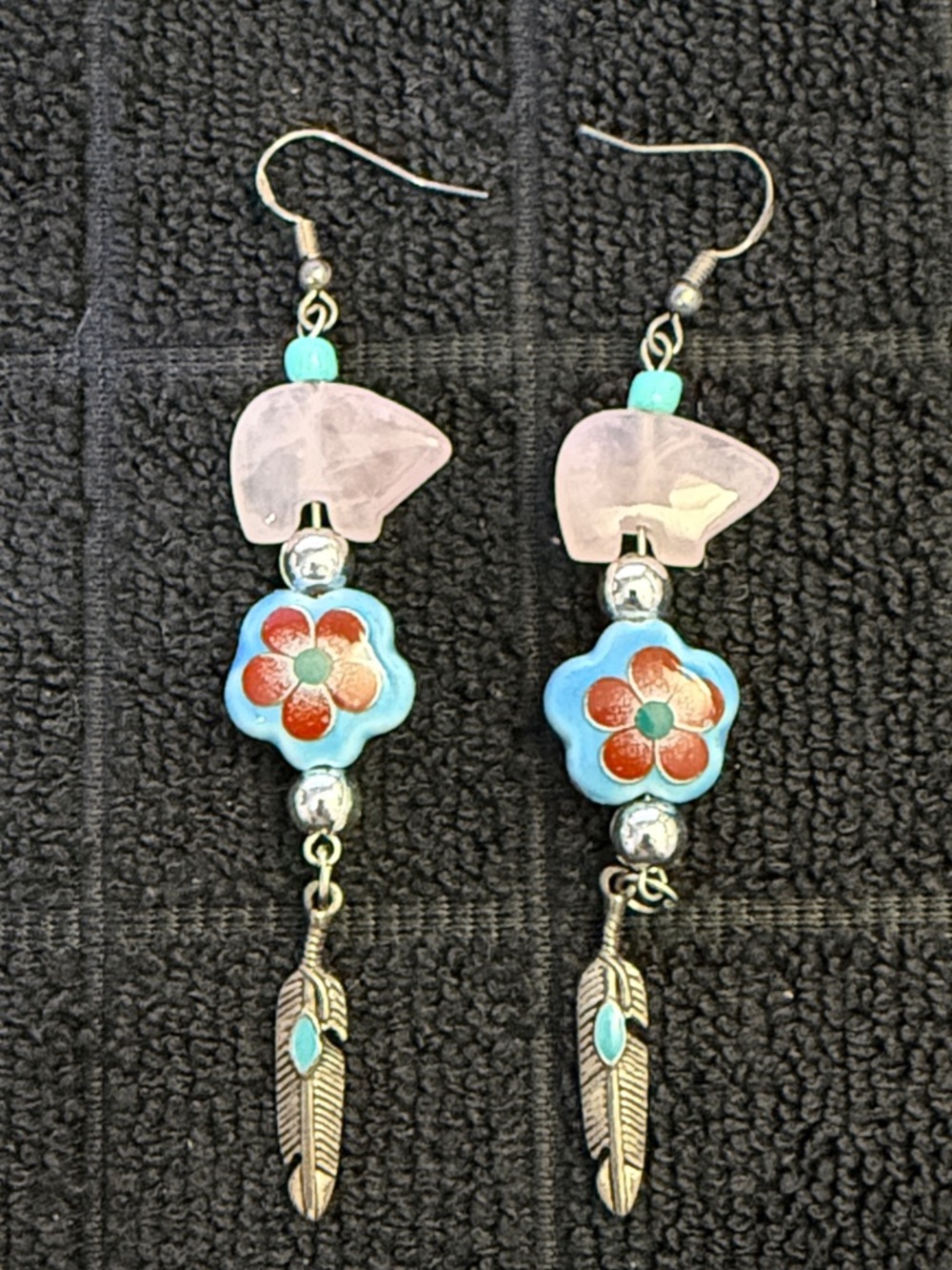 Handmade Turquoise & Pink Flower Feather Drop Earrings - Unbranded